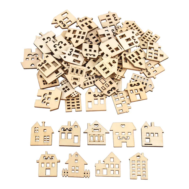 

50pcs Wooden Slices House Shaped Embellishment Xmas Tree Hanging Ornament Merry Christmas Decoration for Home DIY Handmade Craft