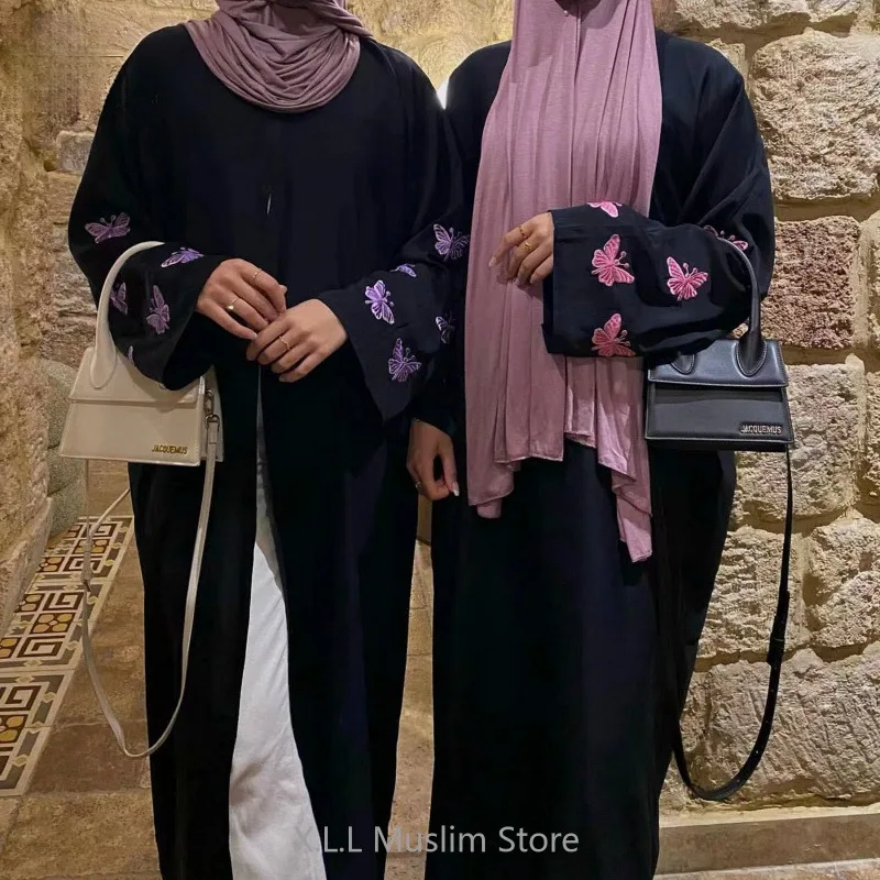 Fashion Butterfly Eid Embroidery Open Kimono Abaya Elegant Dubai Turkish Casual Party Dresses Moroccan Kaftan Long Loose Robes