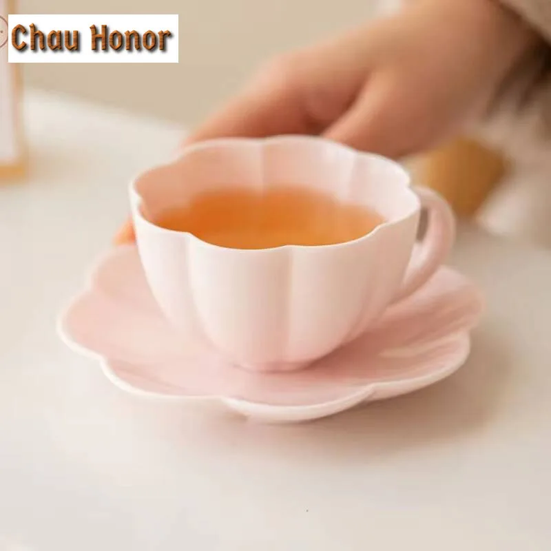 Boutique Jade Mud Cherry Blossom Powder Coffee Mug with Plate Beer Cup Afternoon Tea Mug Cup Saucer Kit Tea Items Decoration