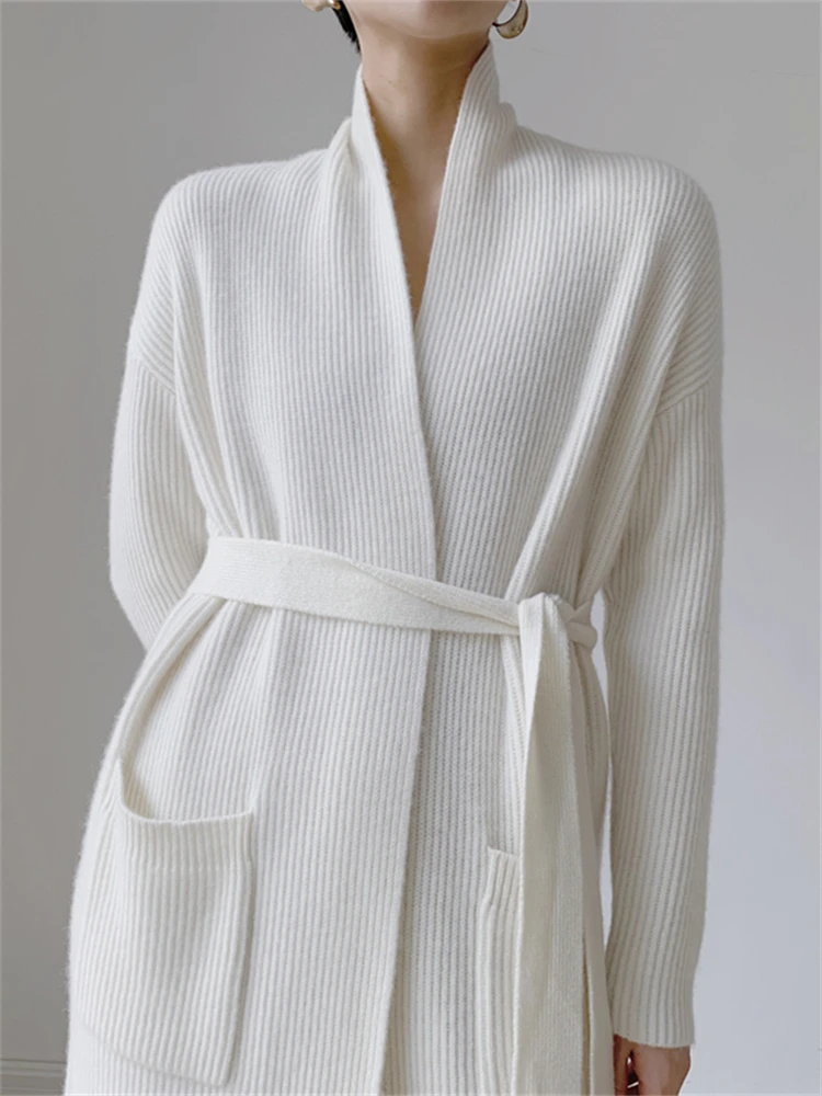 

Women's Large Lapel White Sweater Jacket Spring Autumn New Chic Fashion Mid Length Shawl Female Thin Long Knitted Cardigan