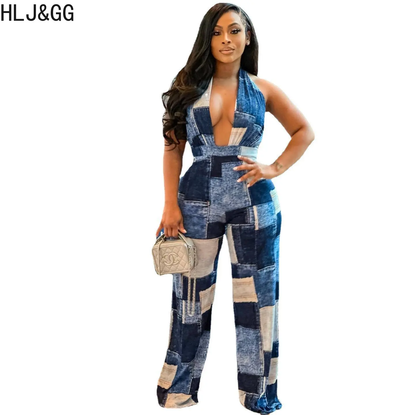 HLJ&GG Blue Sexy Denim Color Patchwork Jumpsuits Women Hollow Out Halter One Piece Playsuits Casual Plaid Printing Overalls 2023