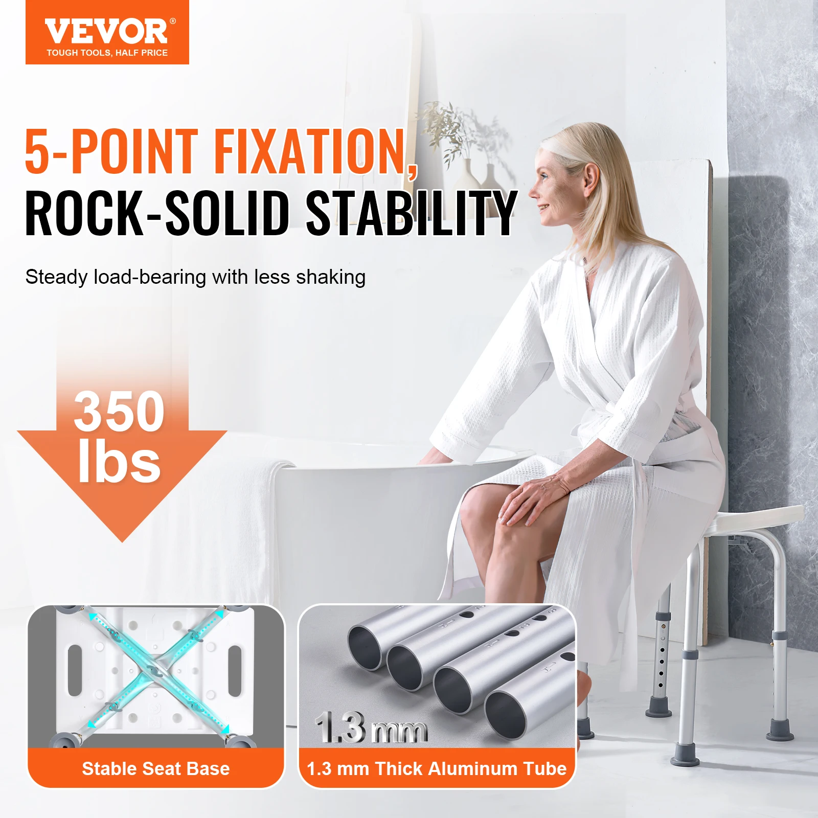 Shower Chair Adjustable Height Shower Stool Built-in Handles Seat 158.8 kg Capacity for VEVOR