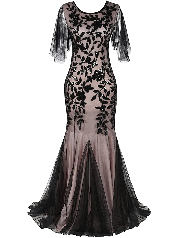 O-neck Short-Sleeve Tulle Embroider Evening Dress Elegant Mermaid Vintage 1920s Party Dress Great Gatsby Sequin Long