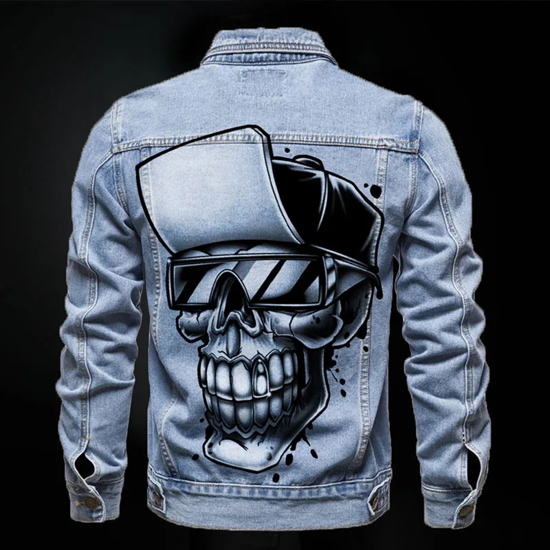 

Мужская джинсовая куртка с длинным рукавом, с принтом черепа
