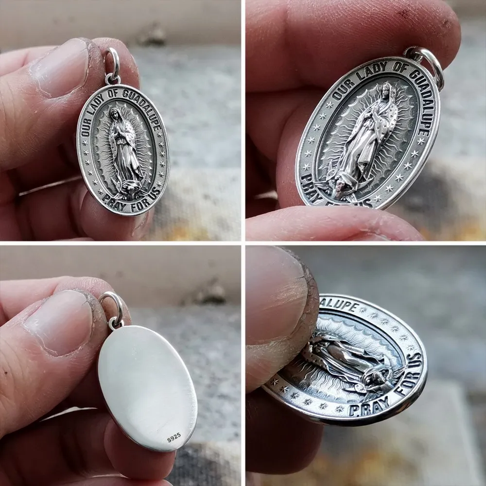 LINSION 925 Sterling Silver Our Lady of Guadalupe Pendant Virgin Mary TA340