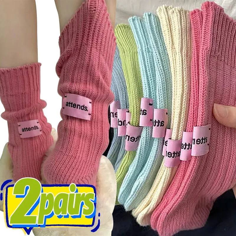 

Colors Autumn Winter Y2K Mid Length Thick Knitted Socks with Label Stacking Fashion Heel Letter Women's Indoor Floor Stocking