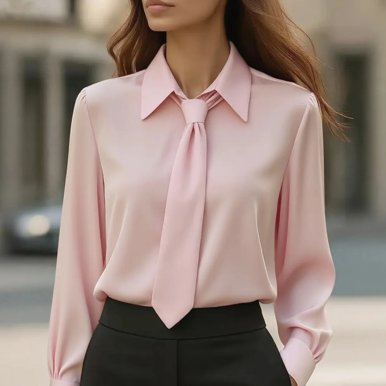 Women Black White Long Sleeve Solid Blouse Shirt for Spring Summer Workwear