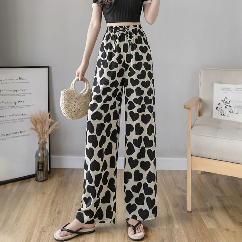 

Print Love Pants with Wide Legs High-waisted Sweatpants Spring Summer Large Size Baggy Cargo Pants Elastic Waist Straight Pants