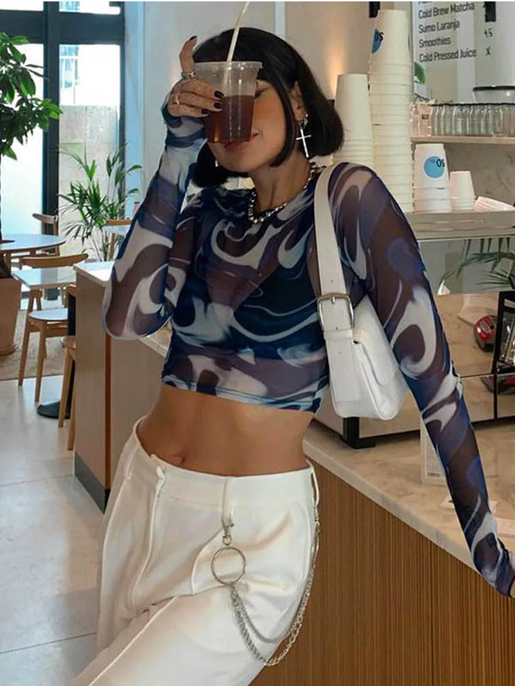 Women's V Neck Mesh Transparent Party Long Sleeve Crop Top main image 0