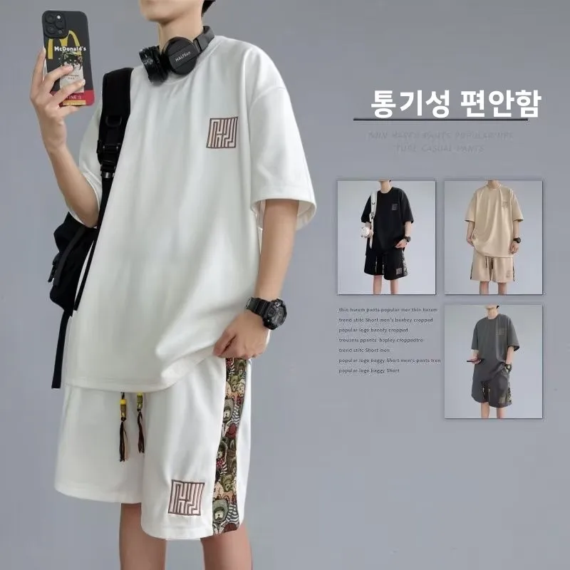 커플 캐주얼 스포츠웨어 레트로 아메리칸 스타일 여름 컬렉션 남성 반팔 반바지 투피스 세트 코튼 편안함