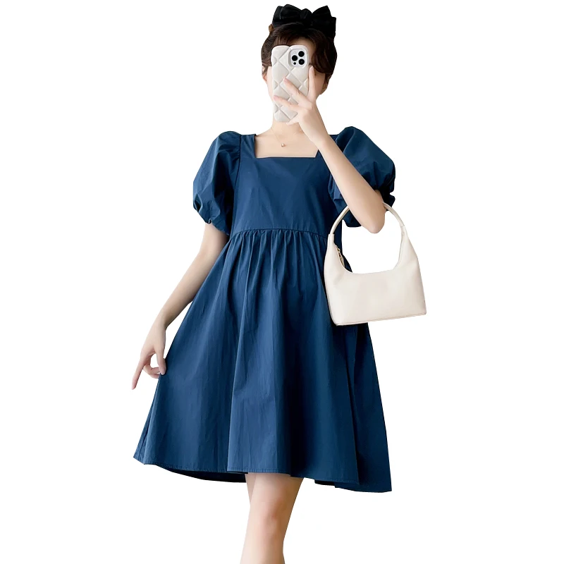 

Plus Size Summer Maternity Blue Shirts Short Sleeve Square Collar Pregnant Woman A-Line Dress Vintage Pregnancy Blouses Loose