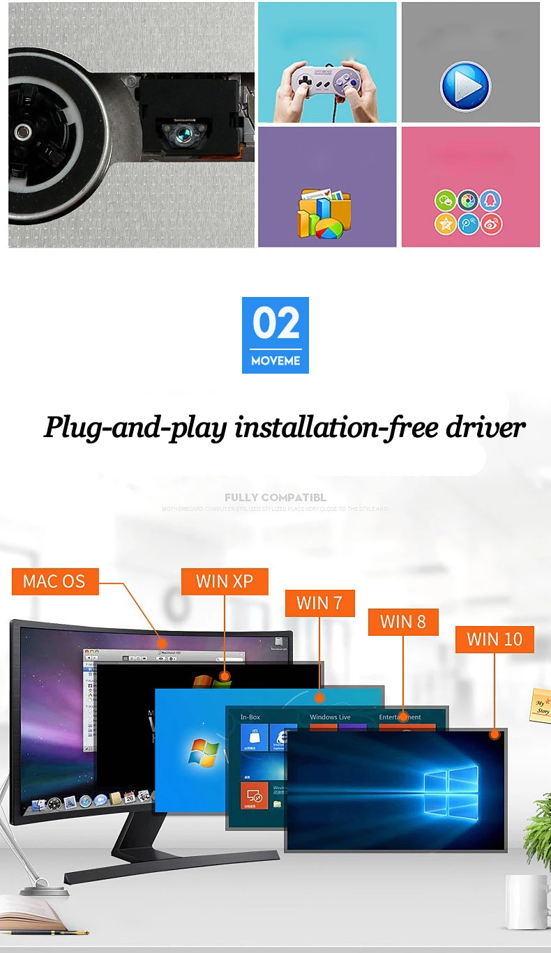 External DVD 3.0 USB Ultra-thin Portable Optical Drive Burner Reader Player Tray