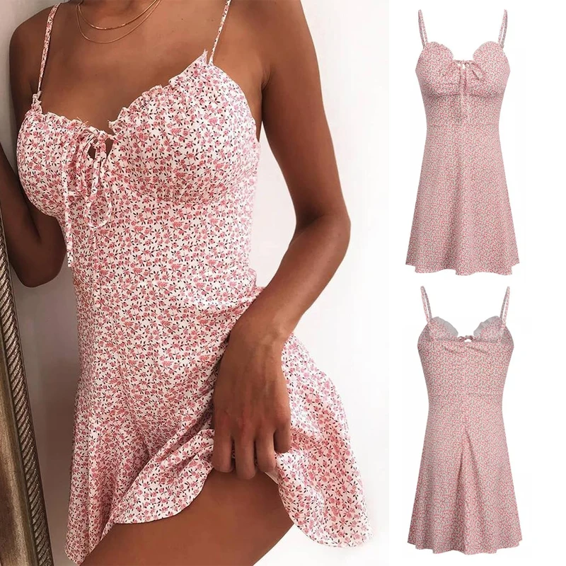 

Womens Sexy Boho Floral Strappy Casual Mini Dress Vacation Ladies 2024 New Summer V Neck Sleeveless Holiday Beach Sundress