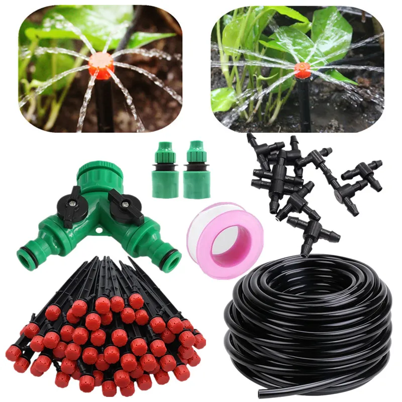 

20m 2-Outlets Hose Splitter Watering Kits 8-Holes Adjustable Dripper On Stake Automatic Watering For Flowers Garden Sprinkler