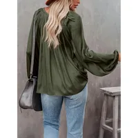 Plus Size Fashion Long Sleeve V Neck Office Casual Shirt Women Elegant Simple Loose Blouse Ladies Pleated Solid Color Top - Image 6