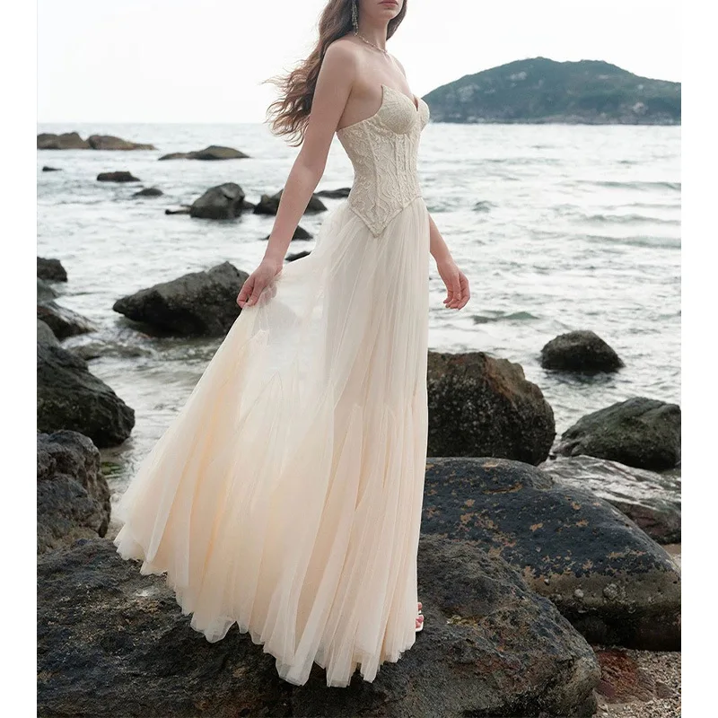 knee length dresses for ladies Style Retro Court Style V-Neck Waist Lace Mesh Patchwork Dress Fairy Slimming Ladies Long Dress White / M