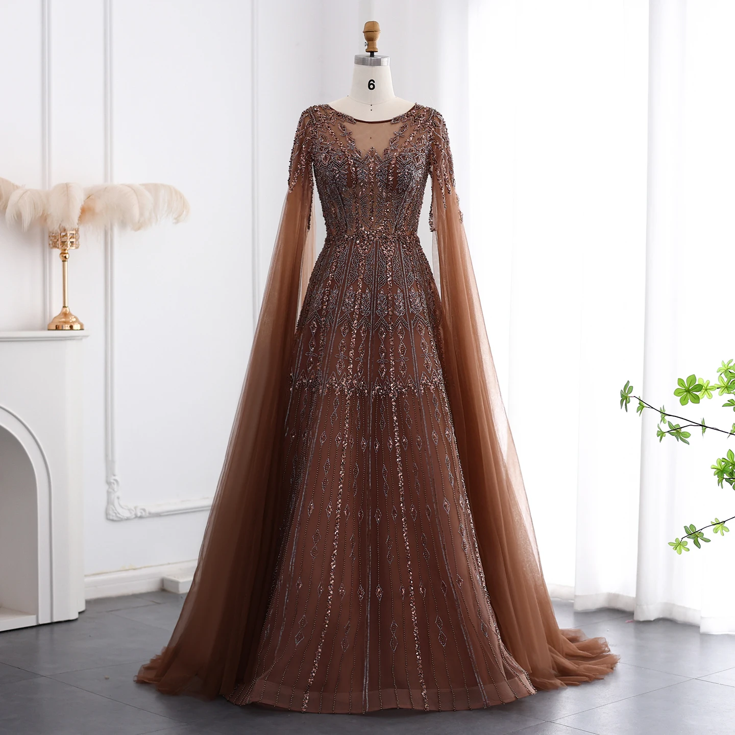Evening Dress with Cape Sleeves Brown Pink Women Wedding Formal Party Gowns  | eBay