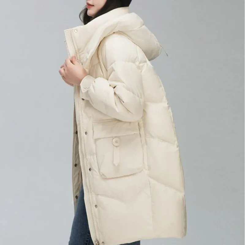 2023 New Women Down Jacket Winter Coat Female Mid Length Version Parkas Loose Thick Warm Outwear Hooded Leisure Time Overcoat