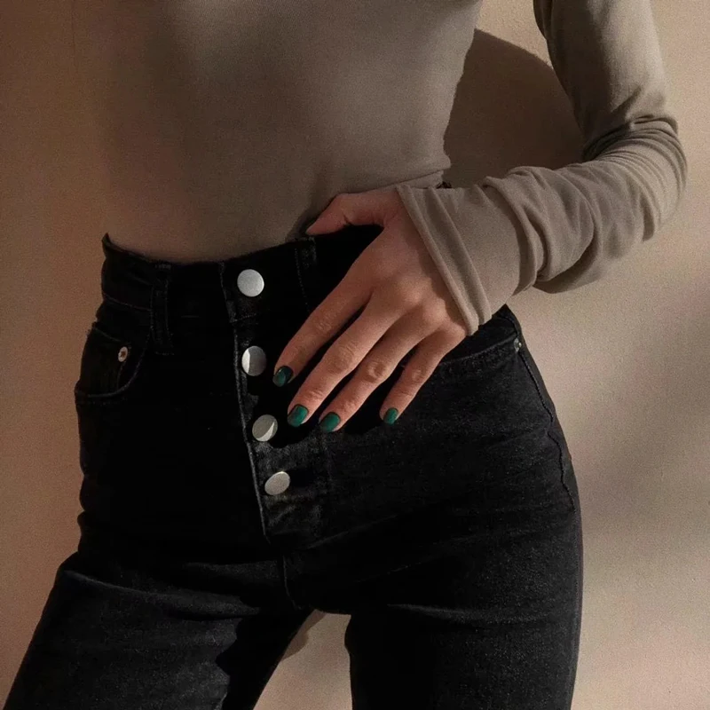 Four Buttons Vintage High Street High Waist Jeans Retro Long Denim Pencil Jeans Women Spring Autumn Full Length Jeans Trousers vintage washed 2 buttons split jeans women 2023 new high waist micro flare denim pants female korean fashion slim trousers girls