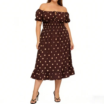 2026 Sexy Women's Long Plus Size Dresses Summer Fashionable Ladies Dot Print Off The Shoulder Short Sleeve Ruffle Dress