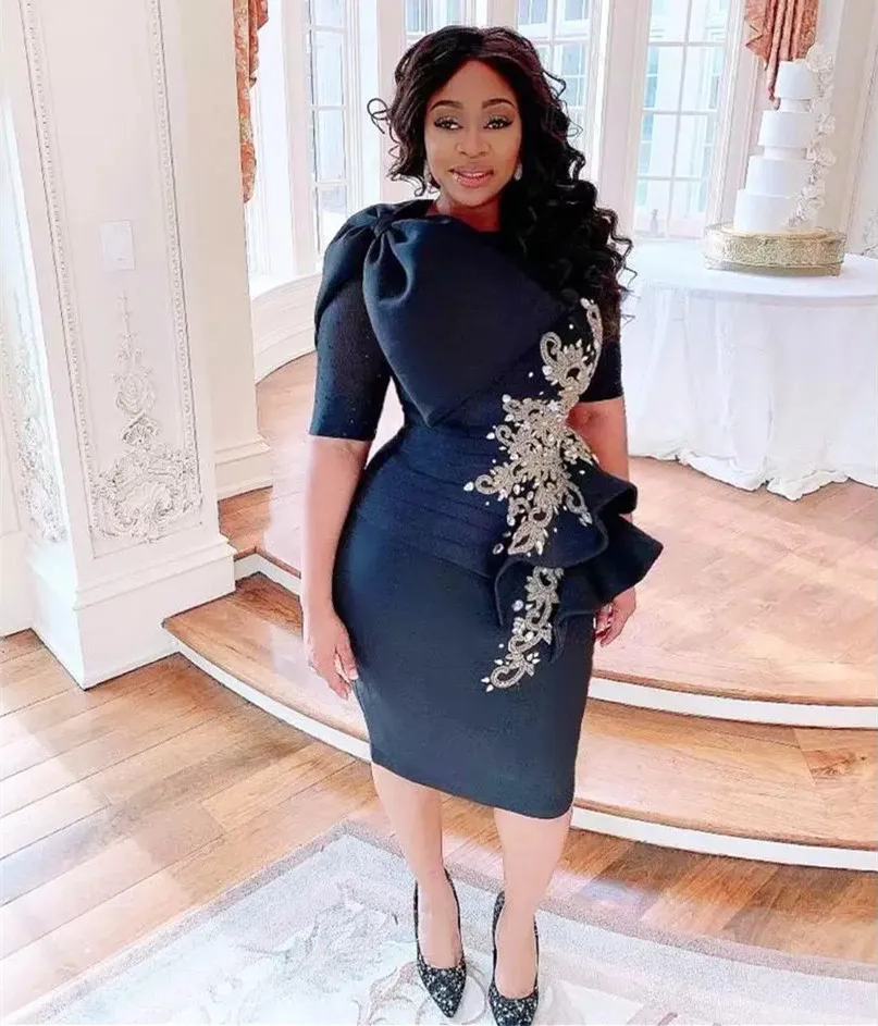 

Aso Ebi Mermiad Prom Dresses with Bow Half Sleeves Robe De Soirée Femme Beaded Applique Short Cocktail Party Women Wear Gowns