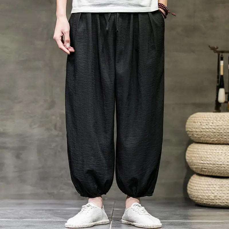 Summer Solid Color Fashion Elastic Waist Lantern Pants Man High Street Cotton Hemp Pockets Patchwork Loose Comfortable Trousers