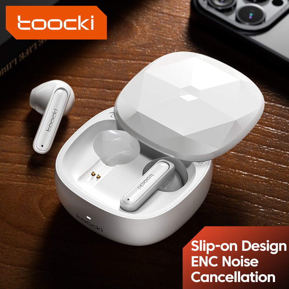 Toocki TWS Wirless Earphones ENC Noise Cancelling Sliding Bluetooth 5.3 Chip Semi-in-Ear Handphone 3.2g Loge Time Wearing