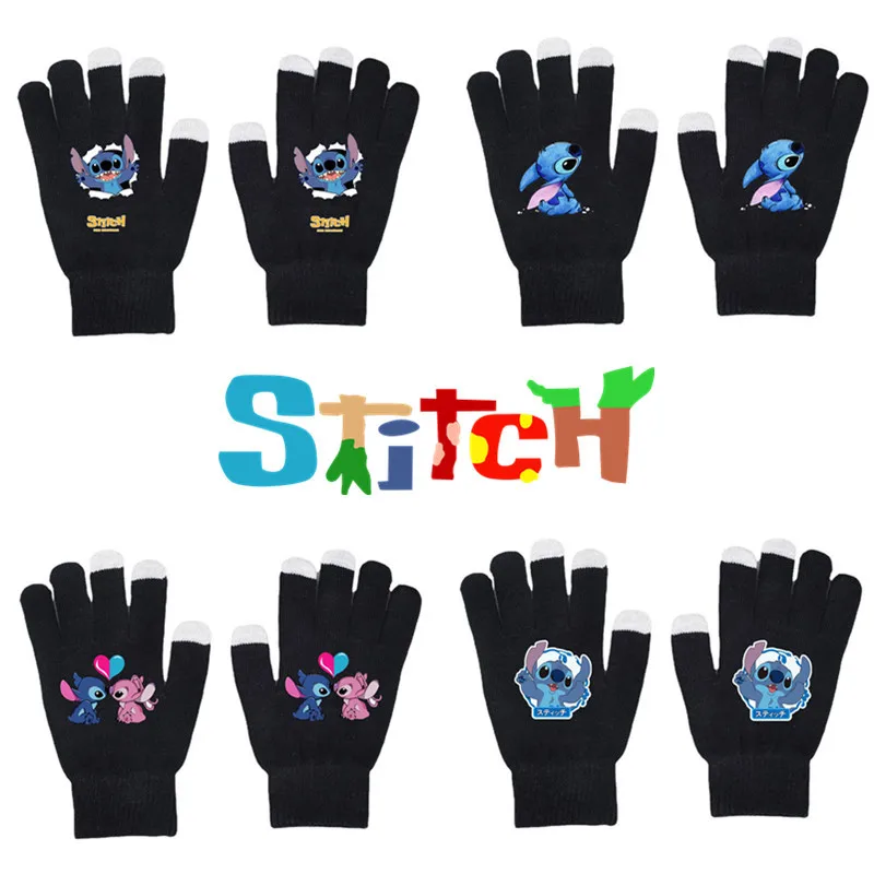 

New Stitch Gloves Lilo & Stitch Autumn Winter Warm Touch Screen Gloves Solid Color Printed Black Knit Gloves Christmas Gift