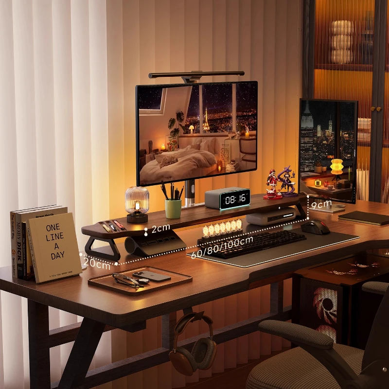 Walnut Wood Monitor Riser — Desk Stand with Keyboard Storage view 2
