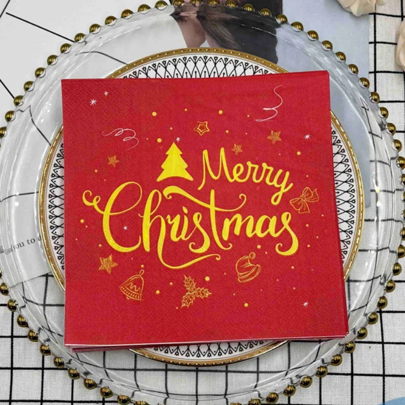 10/20pcs 33cm 2-Ply Gold Letter Red Christmas Napkin Disposable Paper Placemat Party Decoration Ambience Paper