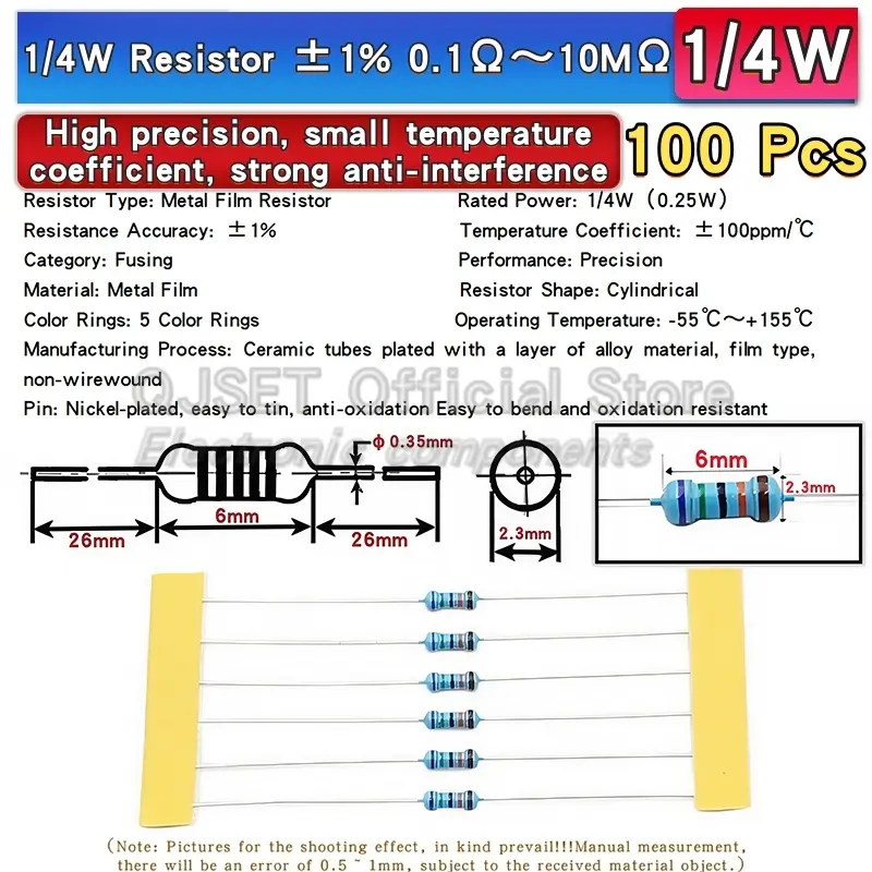 100pcs 1/4W Metal Film Resistor Element 1% 0.25W 1K 1.5K 2.2K 4.7K 10K 22K 47K 100K 470k 100 220  4K7 Ohm 5 Color Ring Resistors - Image 2