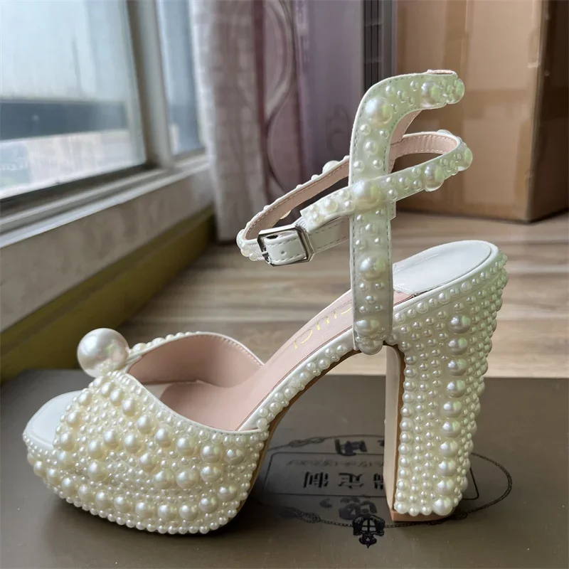Fully Handmade Pearl Thick Heeled Fish Mouth Sandals Wedding Bride