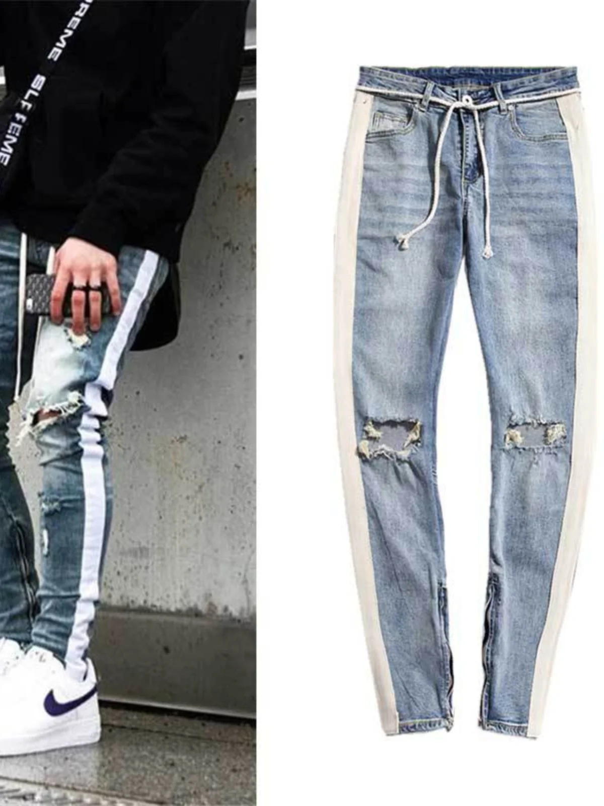 

2024 Autumn New HigH Street DistresseD Jeans Men's Slim Fit Zippered Leggings Men Trousers