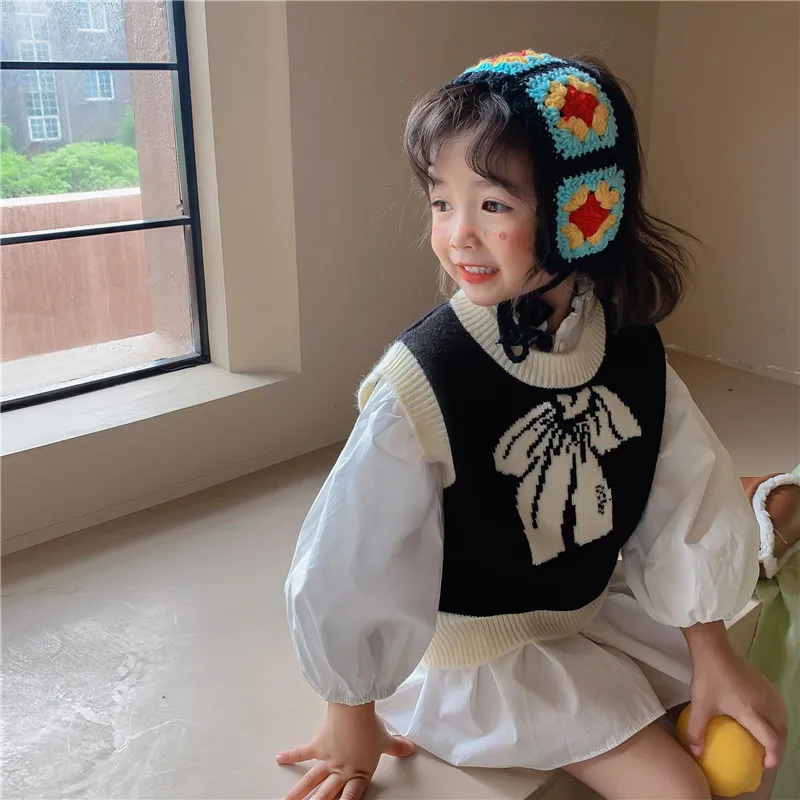 black mink coat Spring Summer girls cute bunny embroidery waistcoats Kids soft thin knitwears knitted Vests fur leather jacket