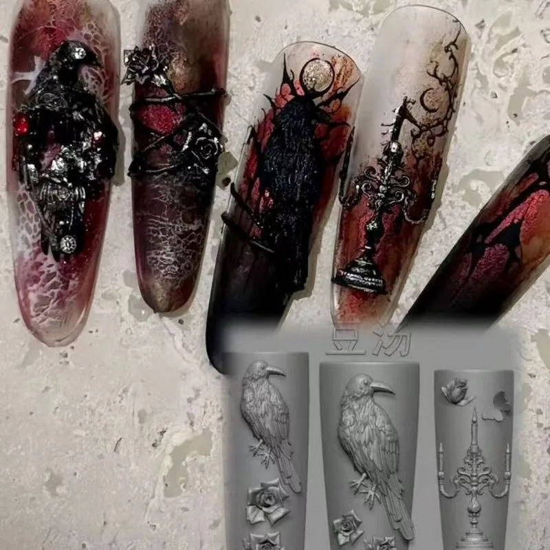 3D DIY 할로윈 네일 몰드 실리콘 식기 수갑 재미있는 장난감 독수리 까마귀 레진 매니큐어 모드 할로윈 네일 부품 도구