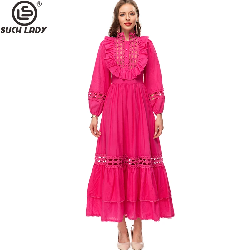

Women's Runway Dresses O Neck Long Lantern Sleeves Ruffles Hollow Out Fashion Designer Vestidos