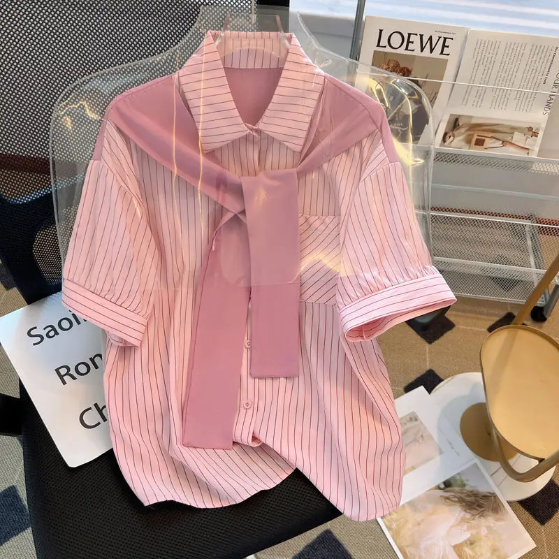 Striped Shirt Shawl Short Sleeved Summer Korea France Senior Tops Female Patchwork Lapel Collar Single Row Buckle Light Luxury