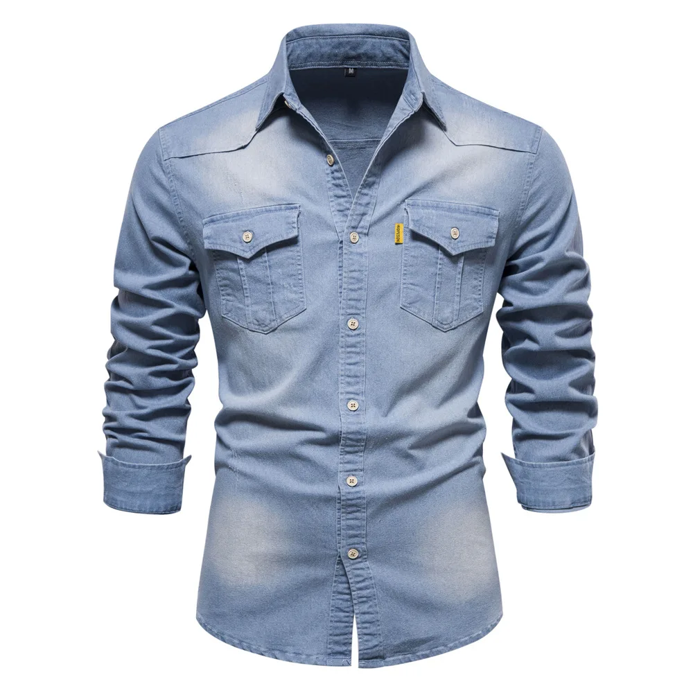 

FANWEILIN Elastic Denim Button Up Shirt Long Sleeve Cowboy Blue Shirts For Men Casual Slim Fit Mens Clothing Camisa Masculina