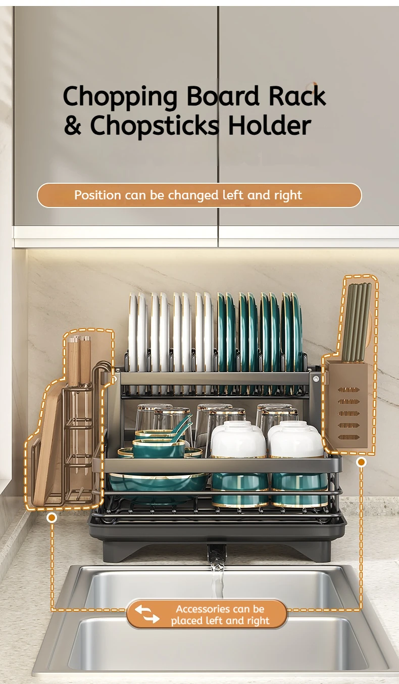Adjustable Stainless Steel Dish Drying Rack with Drainboard - Over Sink Plate Organizer