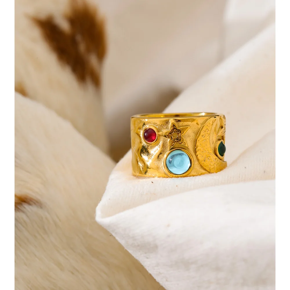 Yhpup Stainless Steel Star Moon Ring Size 678 18K PVD Plated