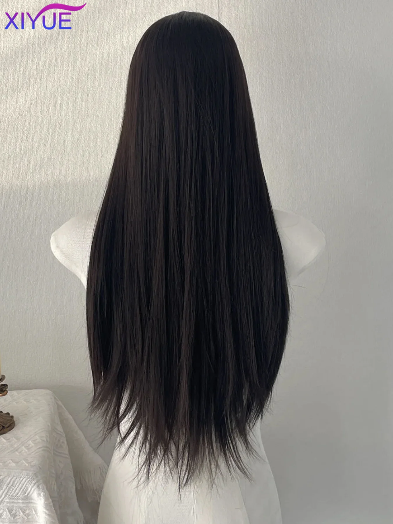 XIYUE Long Straight Black Synthetic Wig For Woman With center part black Cosplay Lolita Wigs Heat Resistant Natural Hair