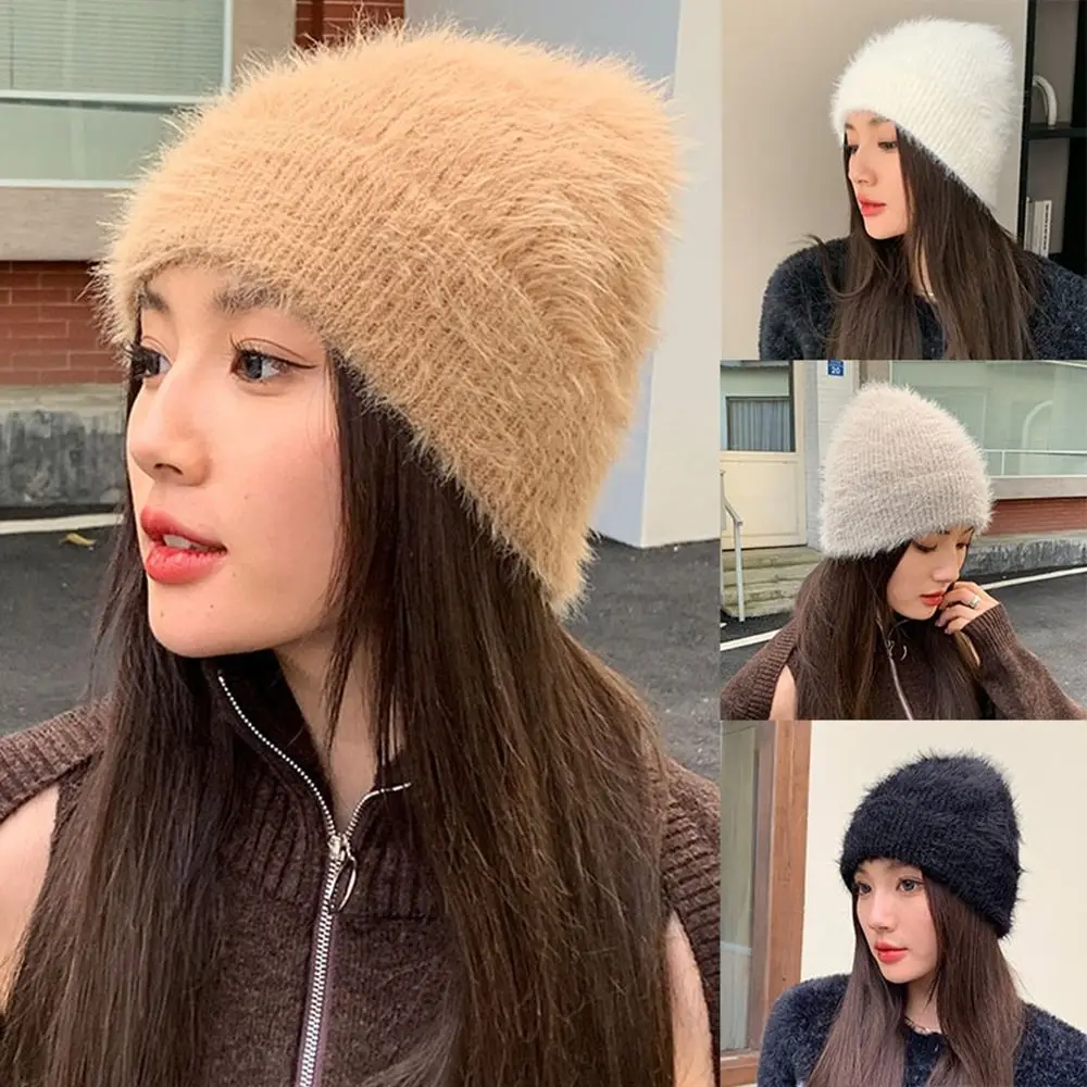 Knitted Plus Rabbit Wool Cap New Solid Color Party Gift Vintage Elegant Cap Windproof Thick Warm Hat Outdoor Warm Hat