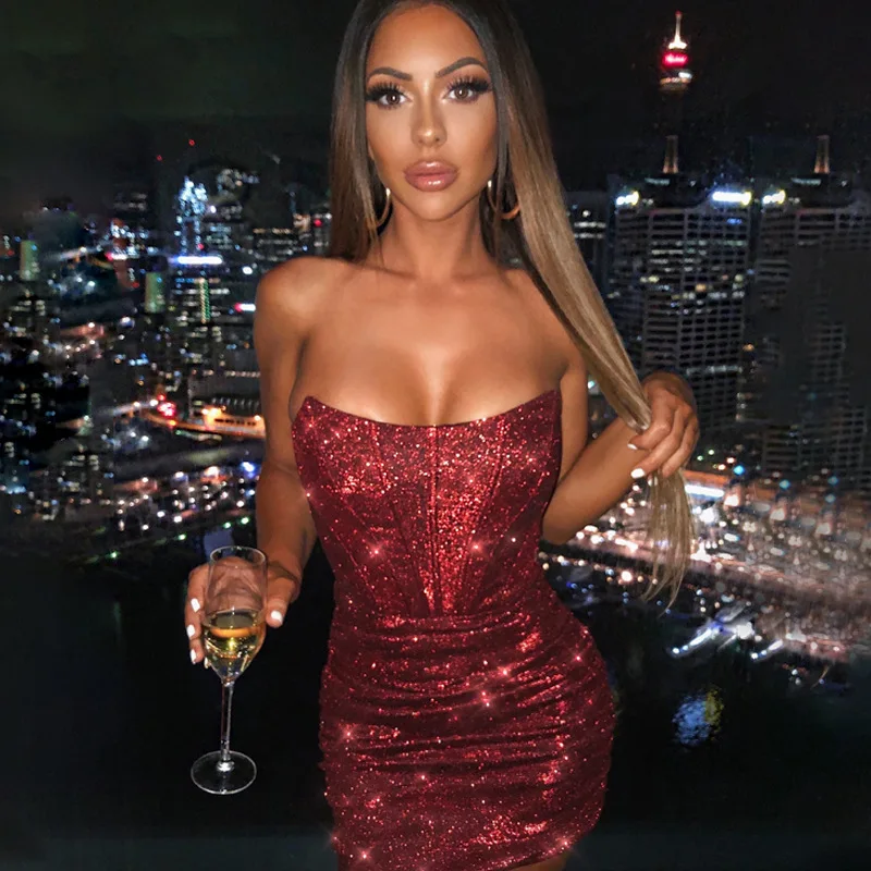 

Dresses for Women Party Sexy Bodycon Glitter Strapless Mini Dresses Summer Ruched Christmas Red Vestidos