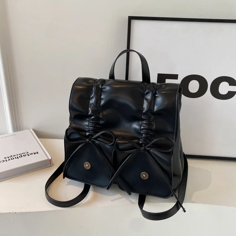 Miyagawa Sweet Bow Backpack Women's 2024 New Fashion Korean Pleated Backpack Trendy Fashion Simple Casual Large Capacity Handbag