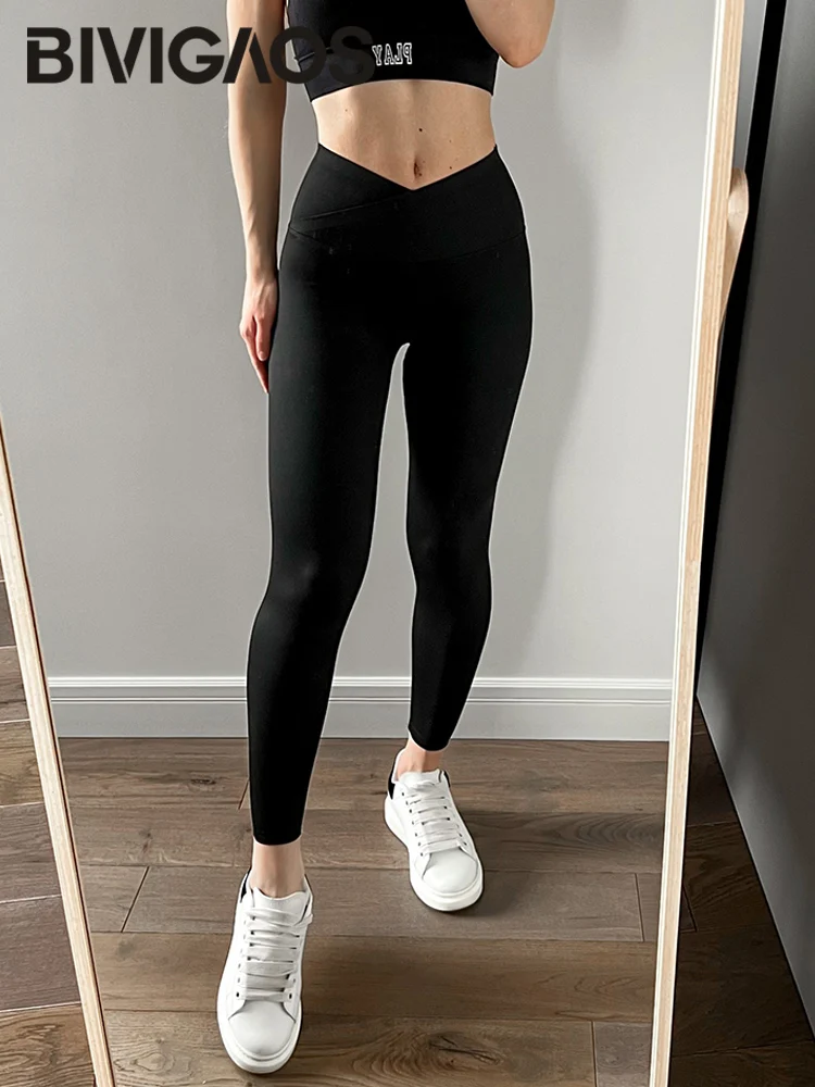 V Crossover Leggings for Women Solid Butt Lifting High Waist