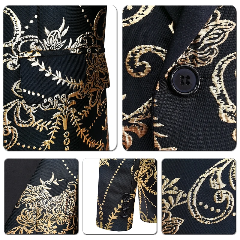 Men Floral Jacquard Blazer Fashion Slim Fit Costume Male Wedding Groom Party Tuxedo Dress Gold Jacquard Bronzing Floral Blazer