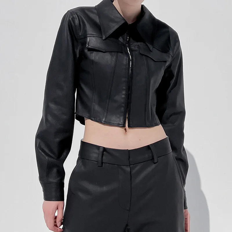 

Motorcycle Cool American Style Loose Solid Color Long Sleeve Hook Button Split Leather PU Short Crop Tops Women’s Shirt Blouses