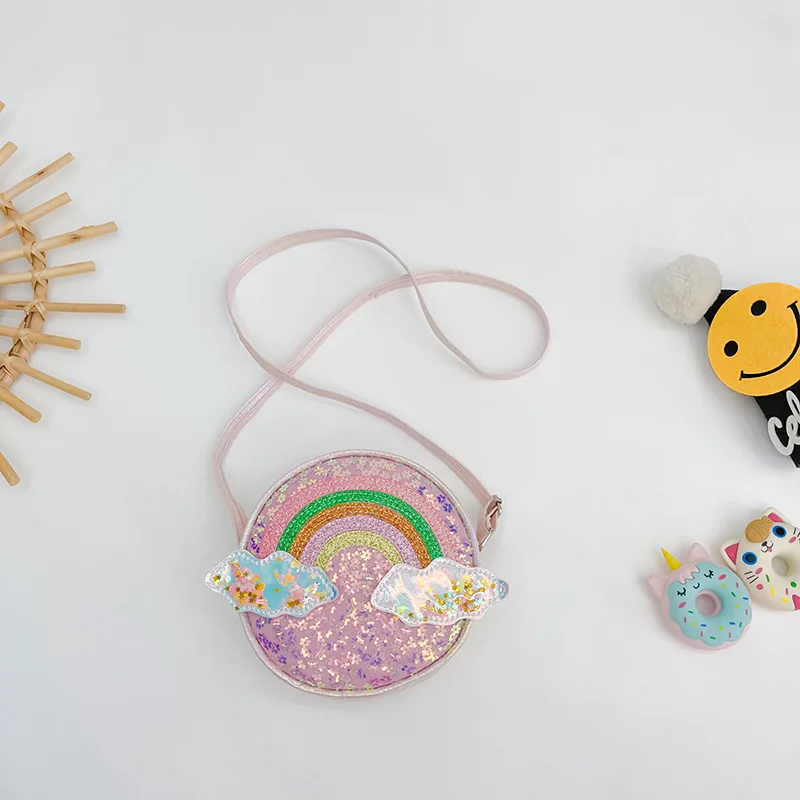 New Glite Rainbow Glitter Powder Waist Bag New Kid Shoulder Bag Cartoon Rainbow Sequin Bags Toddler Backpack Angel Princess Bag 3