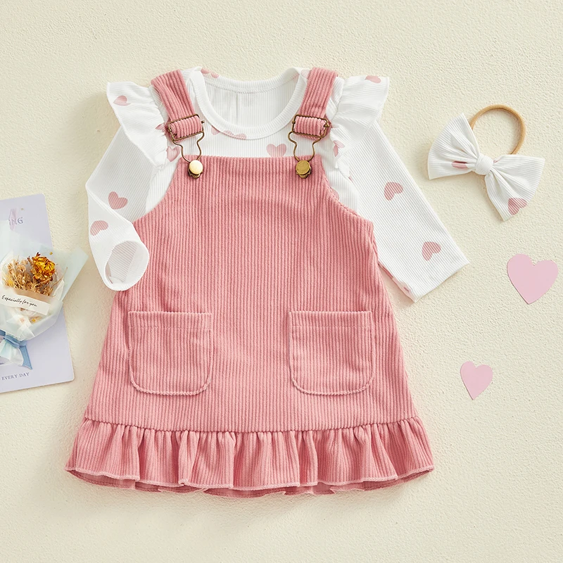 

Baby Girls 3Pcs Spring Outfits Heart Print Romper Suspender Skirt Headband Set Newborn Clothes