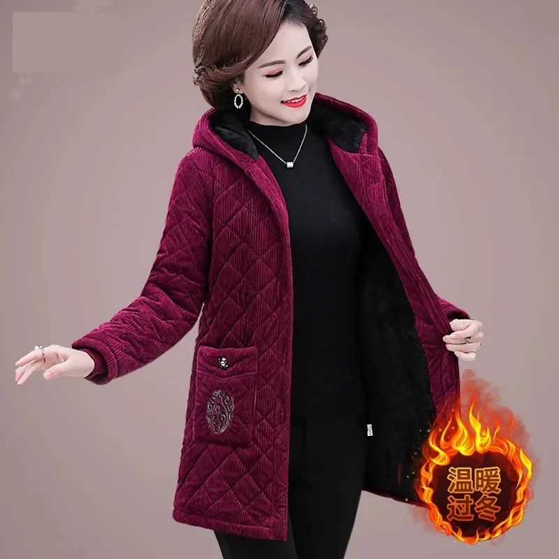 

Женская зимняя Вельветовая куртка средней длины, с капюшоном